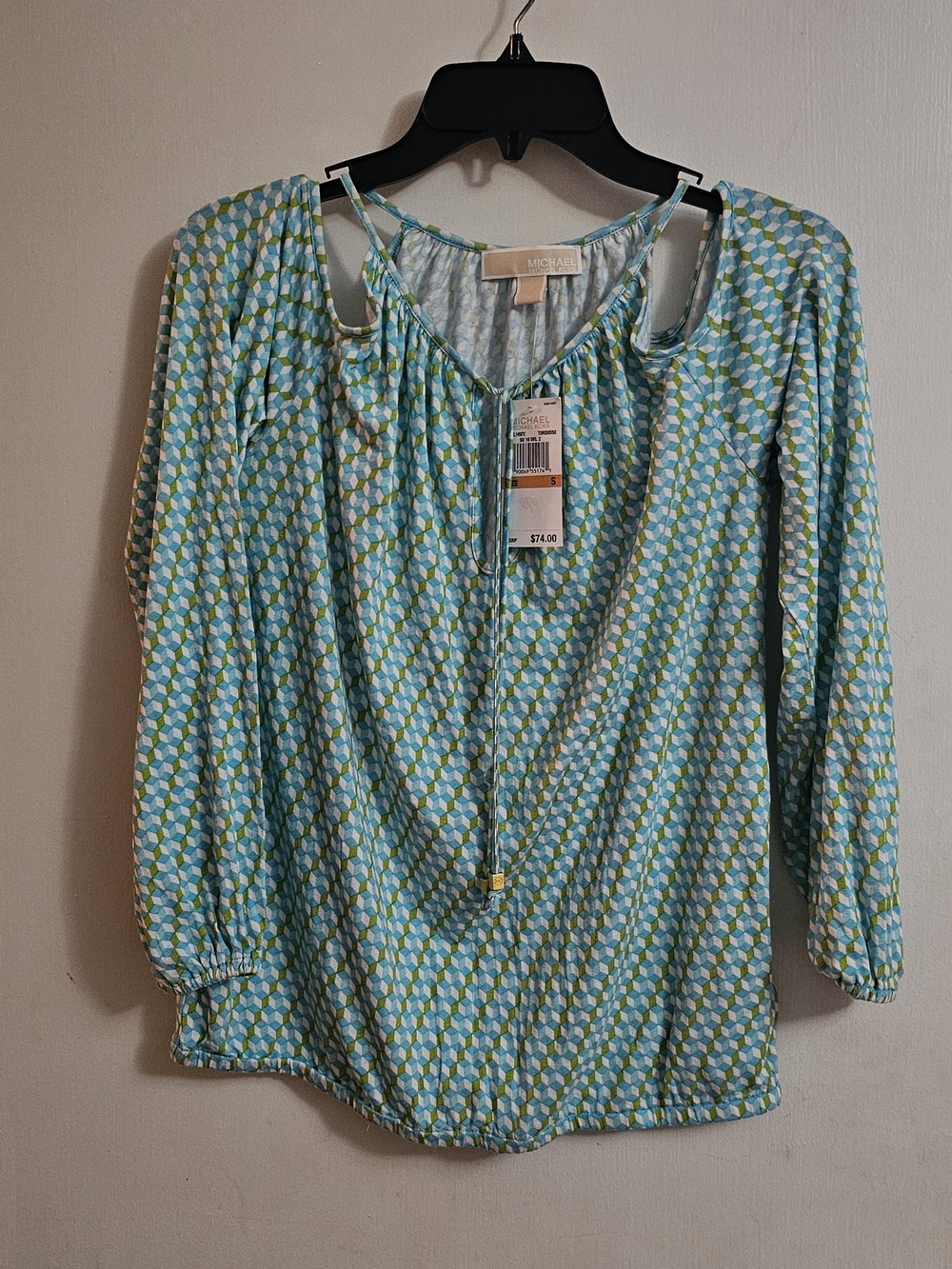MICHAEL Michael Kors Aqua and Lime Geometric Cold-Shoulder Blouse